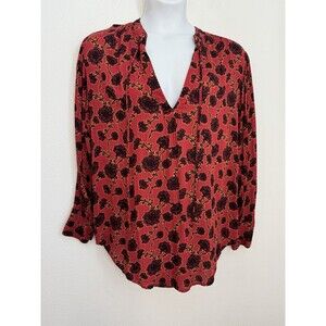 Free People Mia Blouse Size M Peasant Floral Popover Rust Red Rayon Boho EUC